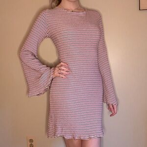 Striped Bell-Sleeve Knit Dress in Red and White